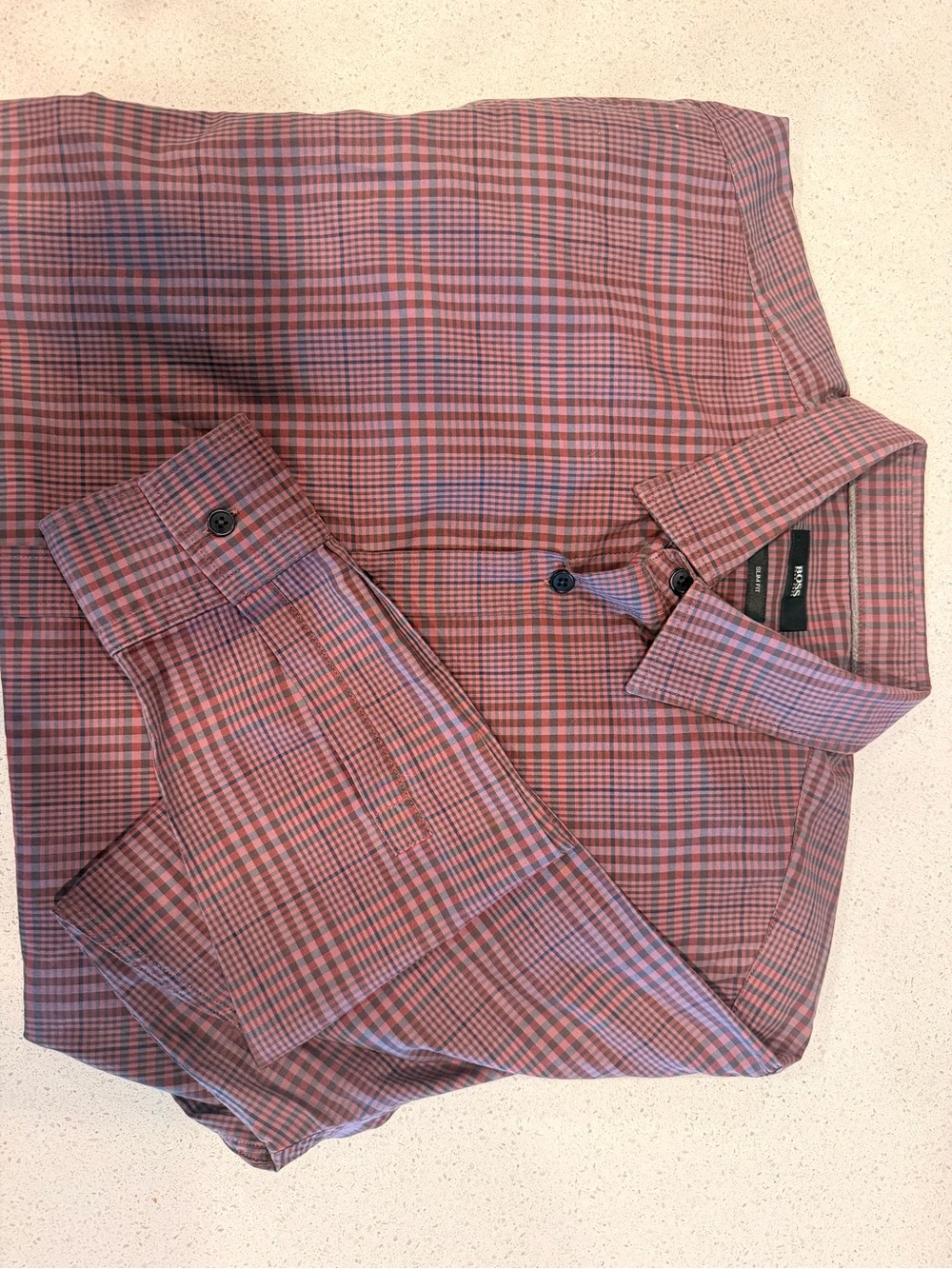 BOSS Hugo Boss Men’s Large Slim Fit Red Gray Plaid Long Sleeve Button Down Shirt